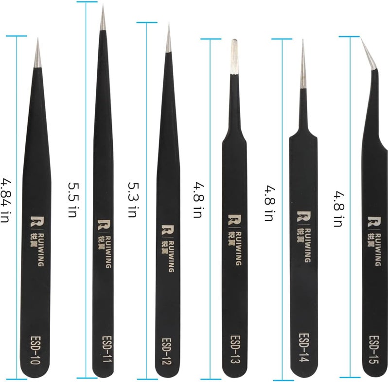 RuiWing 6PCS Precision Tweezers Set, ESD Anti-Static Heavy-Duty Stainless Steel Electronic Tweezers for Electronics Repair, Laboratory, Soldering, Jewelry Making Tools Straight & Curved Tips, Precision Tools - Image 2